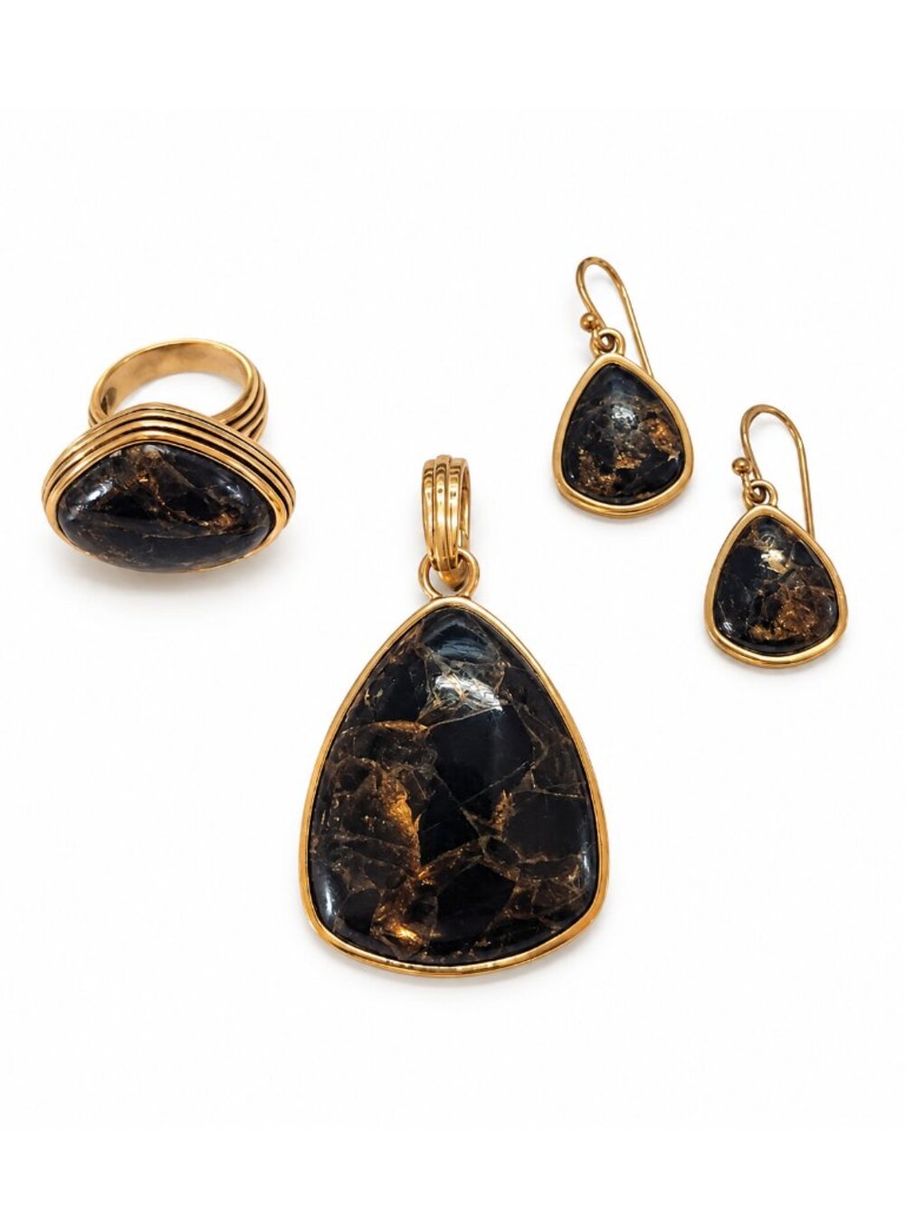 BARSE Black Stone & Golden Bronze Statement Jewelry Set Pendant Ring Earrings